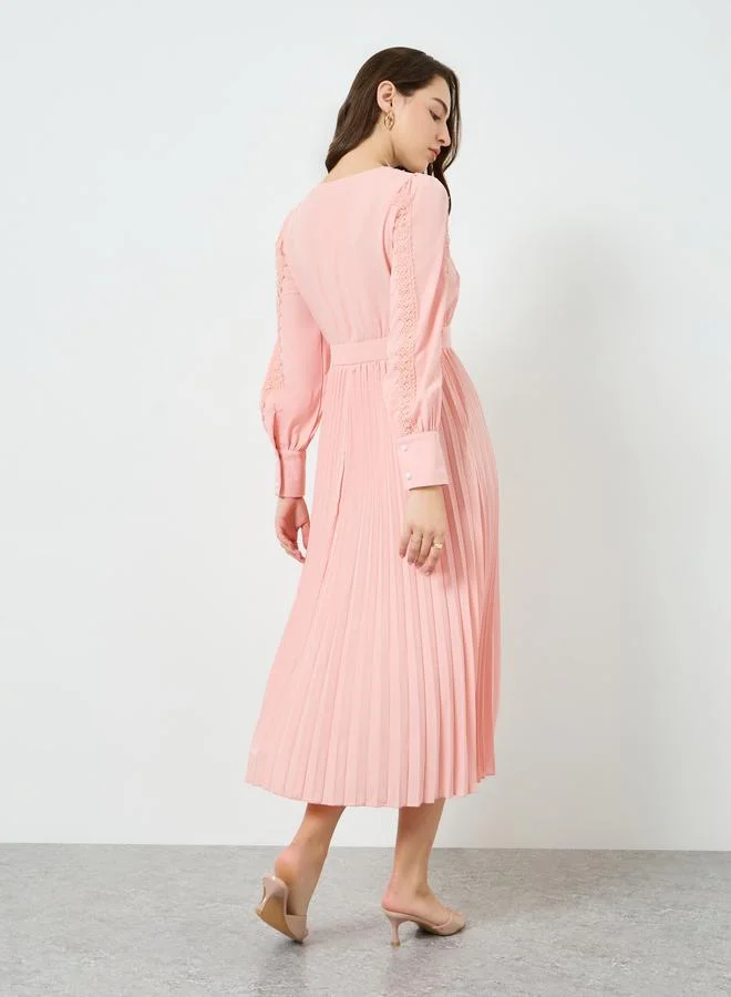 Take Two  Women Lace Insert Pleated Midi Dress for Women | Best Price UAE